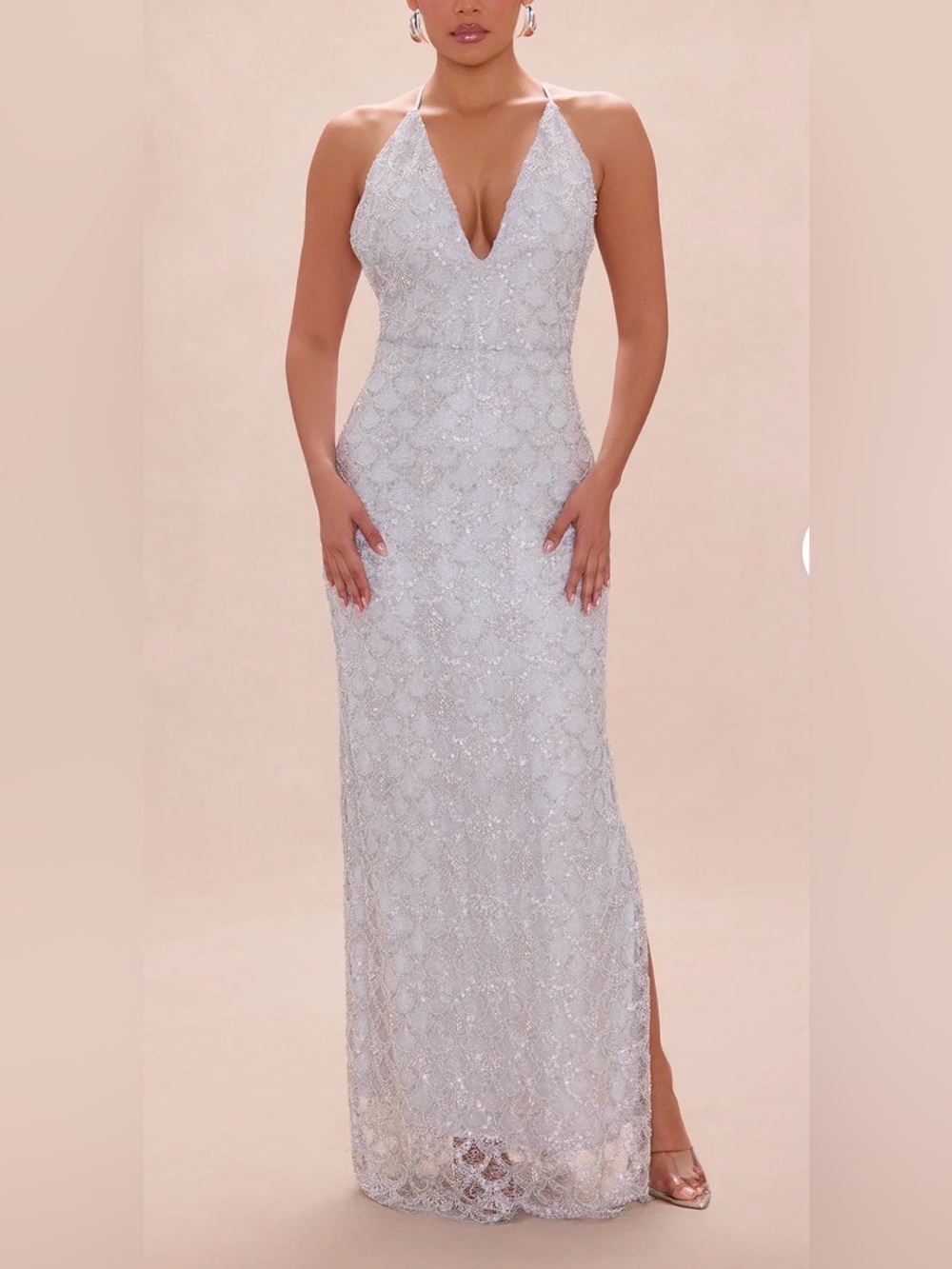Fashion Nova Silver Sequin Halter V‑Neck Maxi Dress